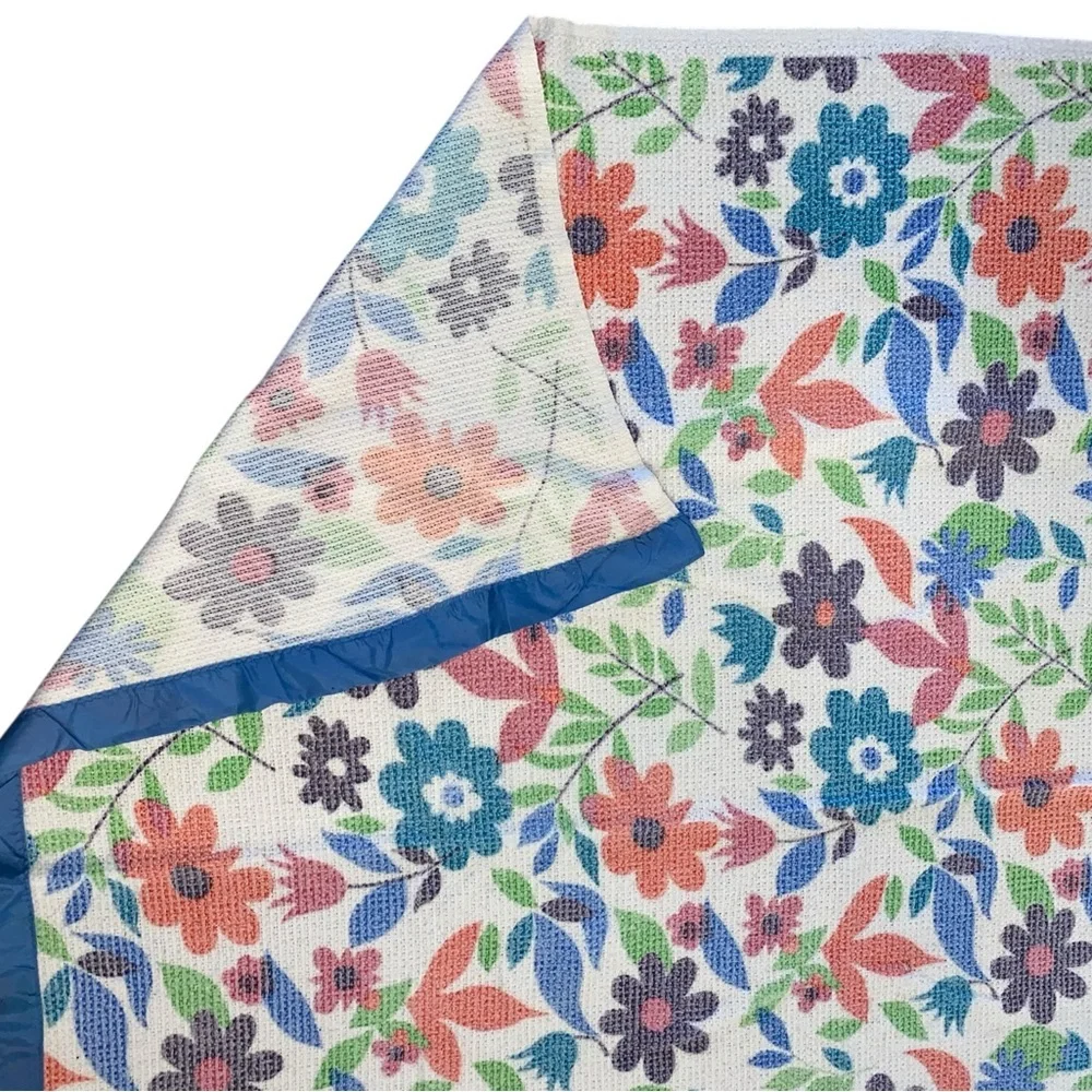 Vintage 60s 70s Floral Multicolor flower power print Blue Silky trim Blanket